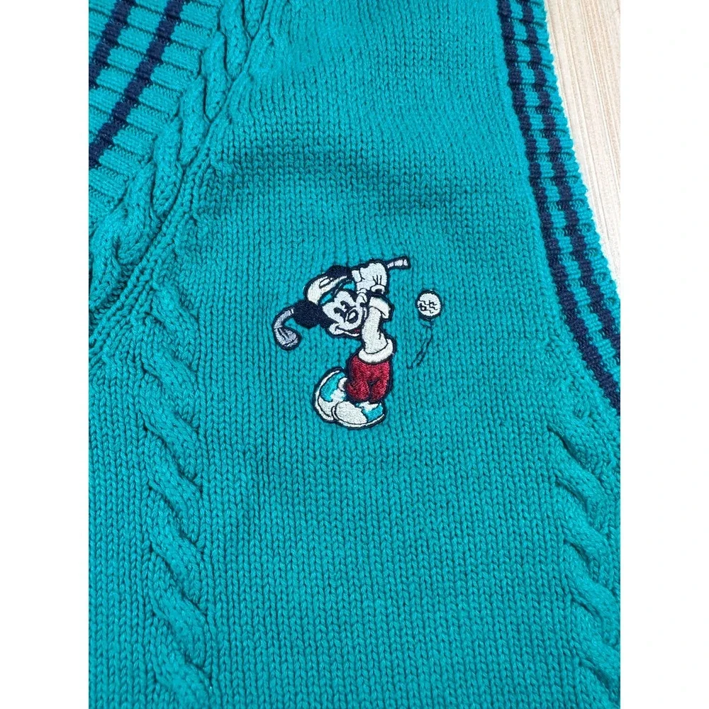The Disney Store Golf Sweater Vest Adult Large Teal Blue Cable Knit Cotton Patch - Picture 2 of 7